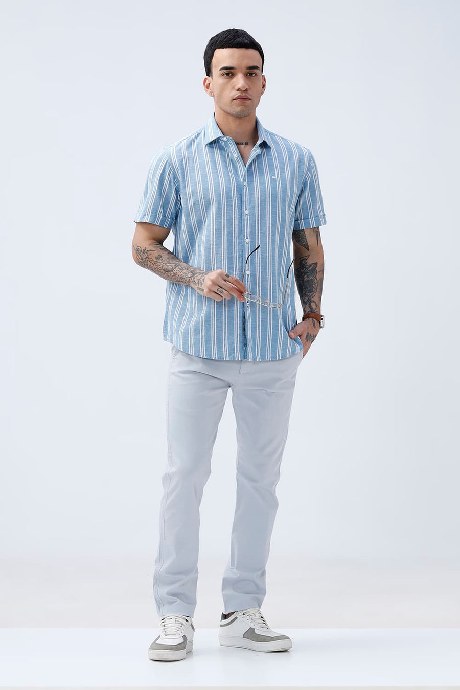 BASICS SLIM FIT WINTER BLUE COTTON LENO DOBBY STRIPE HALFSLEEVES SHIRT