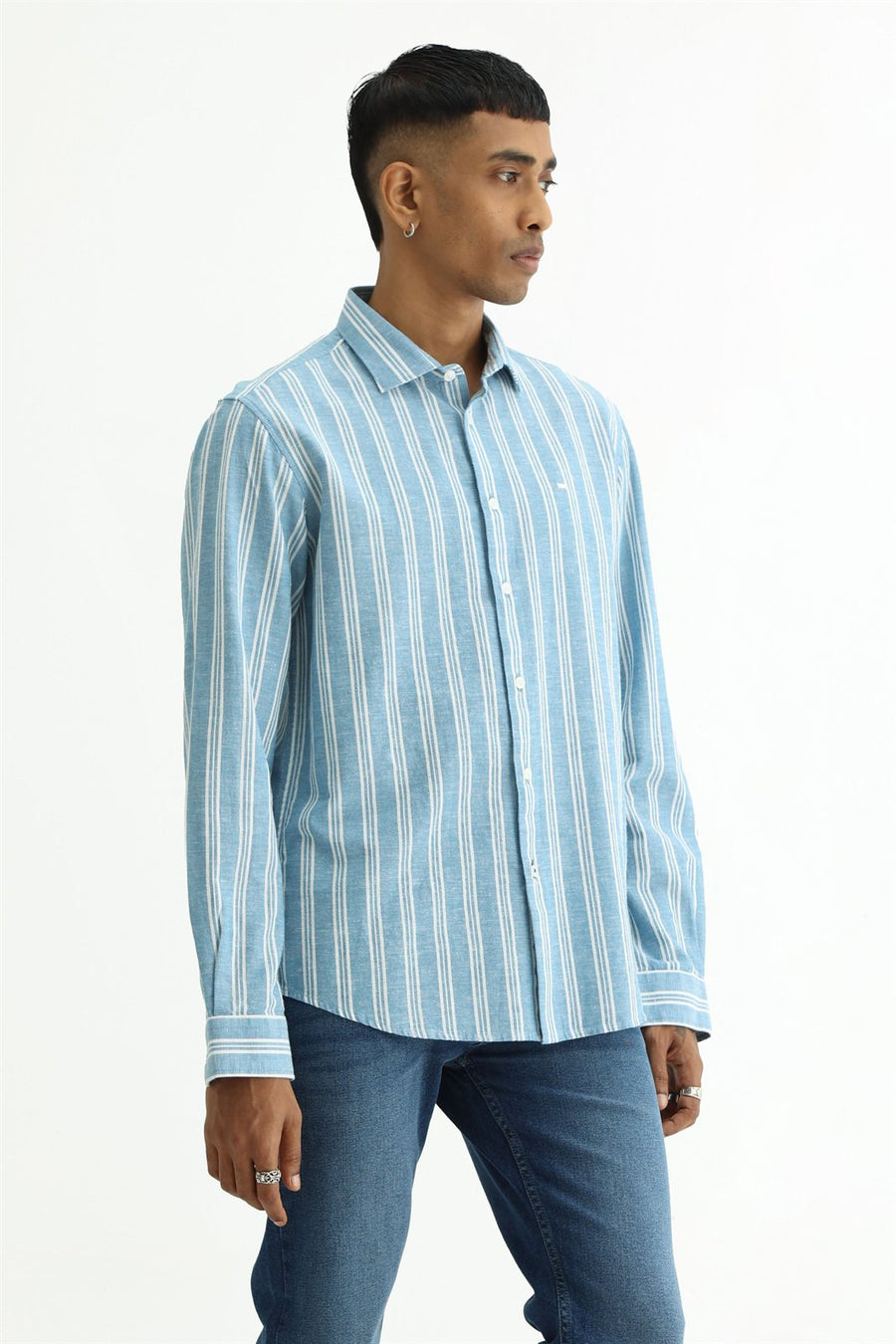 BASICS SLIM FIT WINTER BLUE COTTON LENO DOBBY STRIPE SHIRT