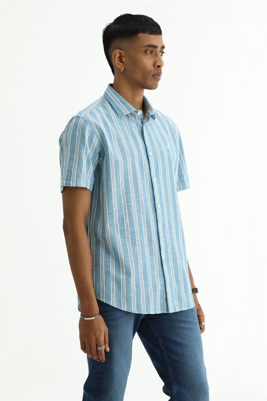 BASICS SLIM FIT WINTER BLUE COTTON LENO DOBBY STRIPE HALFSLEEVES SHIRT