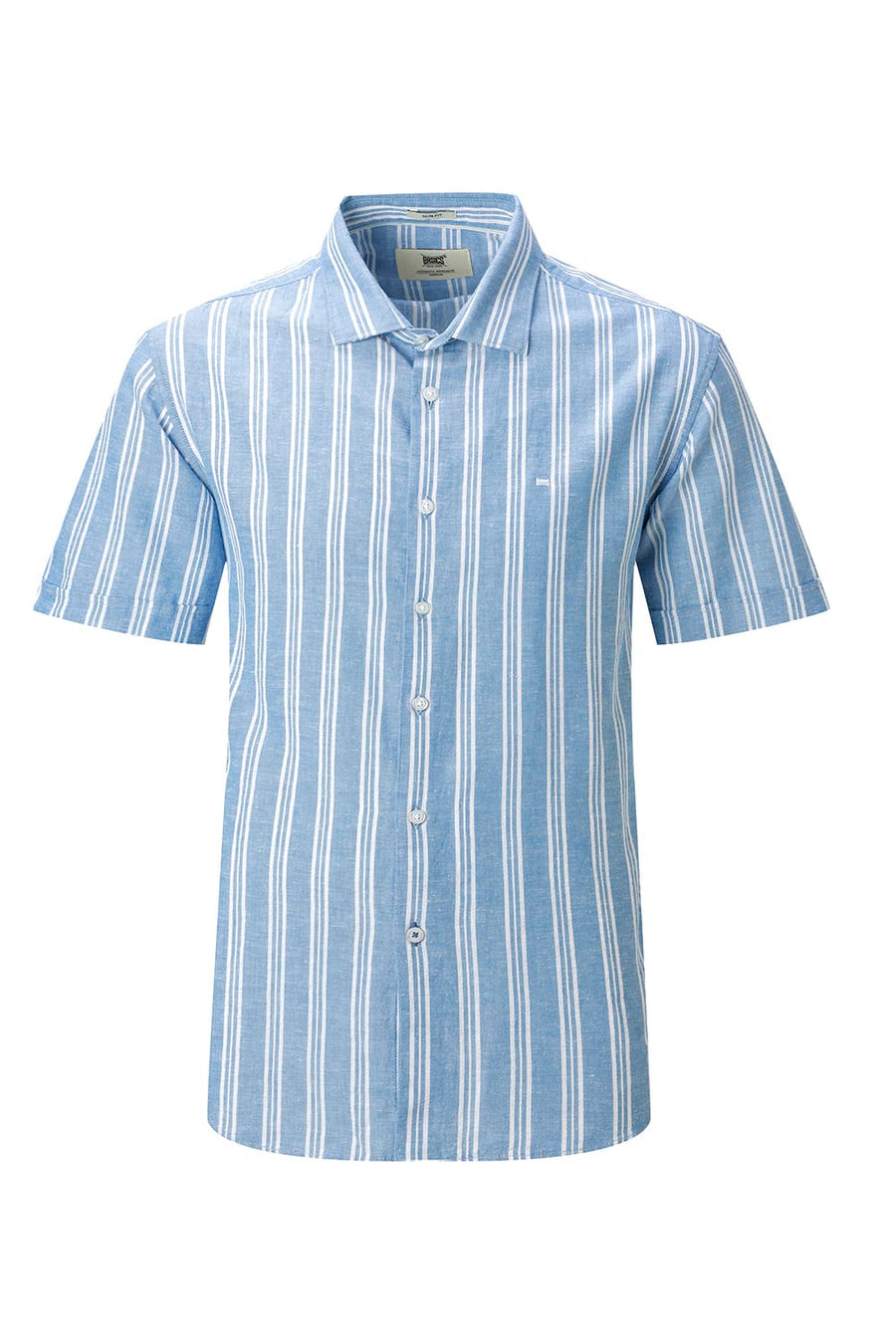 BASICS SLIM FIT WINTER BLUE COTTON LENO DOBBY STRIPE HALFSLEEVES SHIRT