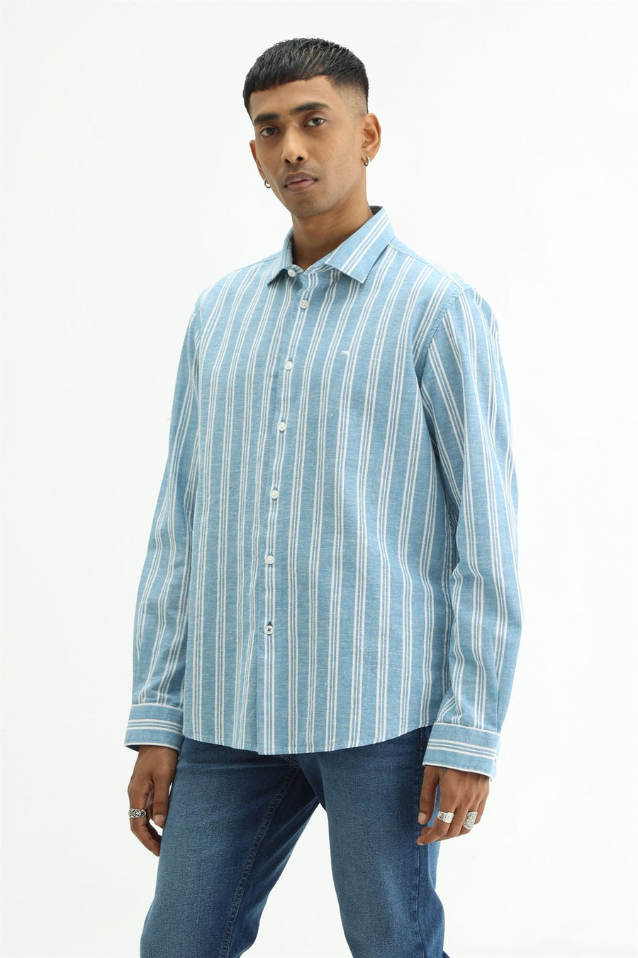 BASICS SLIM FIT WINTER BLUE COTTON LENO DOBBY STRIPE SHIRT