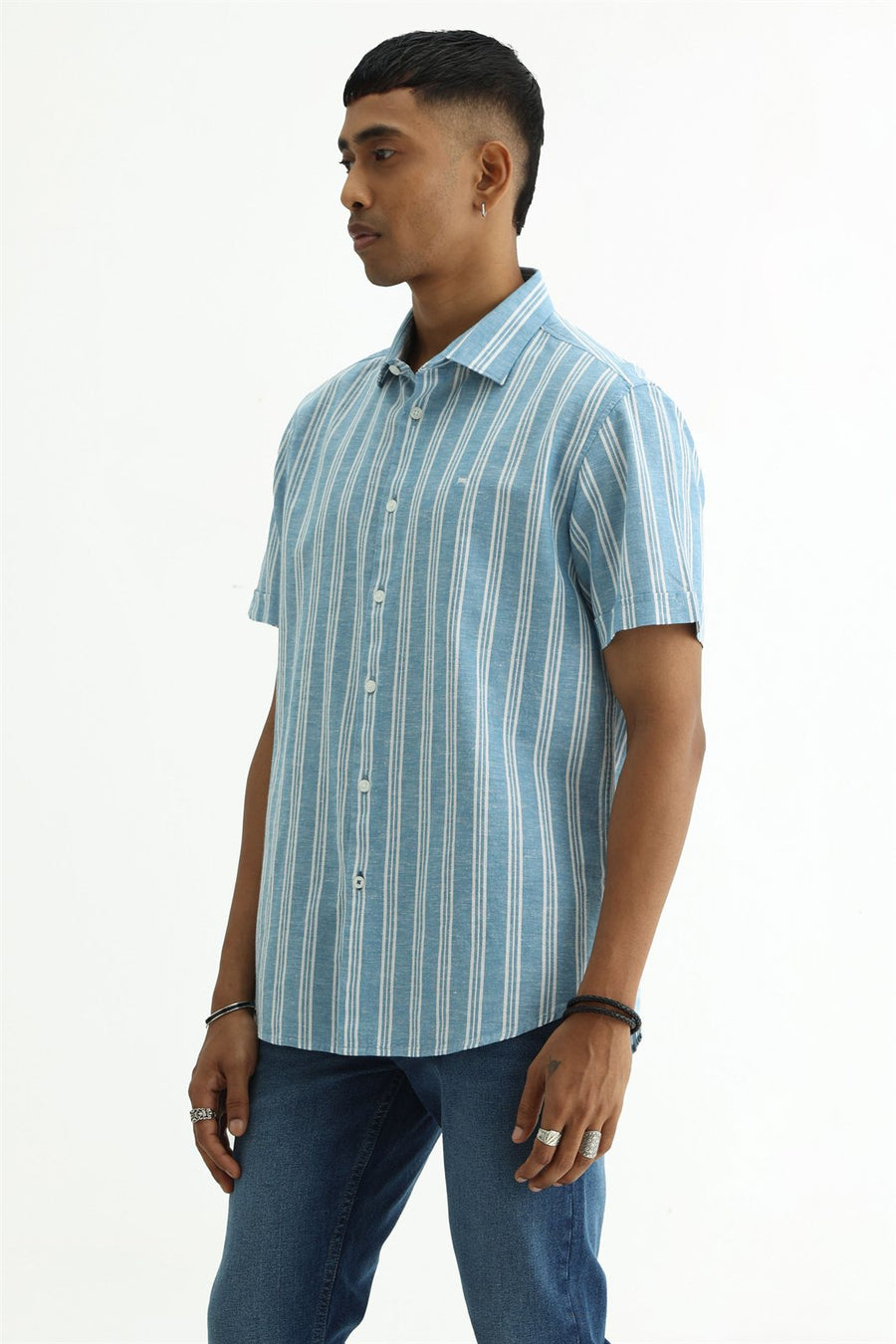 BASICS SLIM FIT WINTER BLUE COTTON LENO DOBBY STRIPE HALFSLEEVES SHIRT