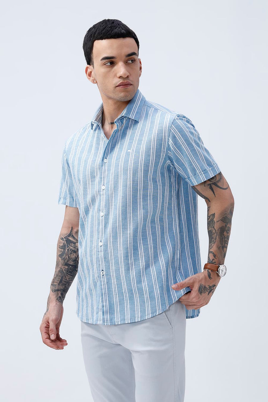 BASICS SLIM FIT WINTER BLUE COTTON LENO DOBBY STRIPE HALFSLEEVES SHIRT