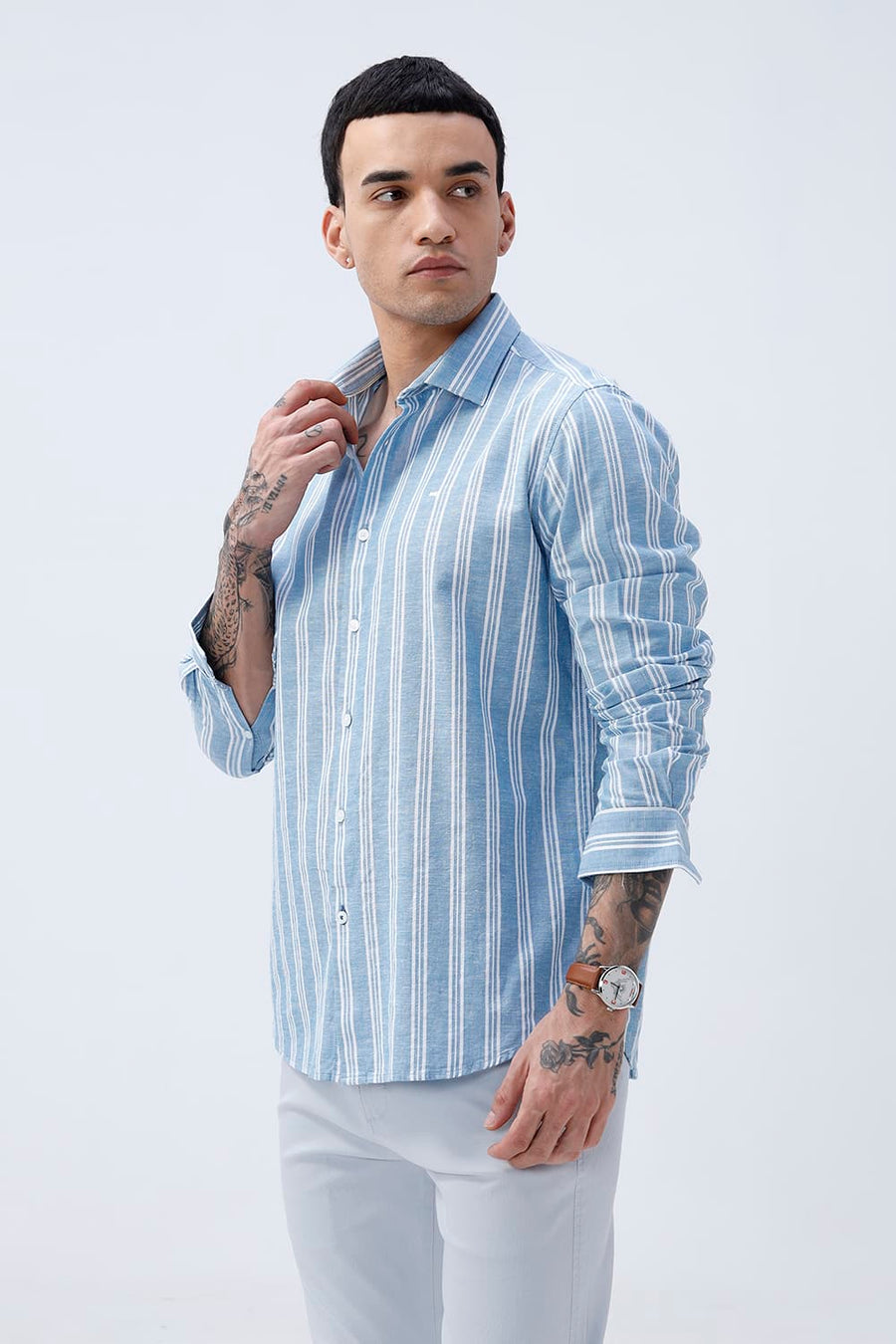 BASICS SLIM FIT WINTER BLUE COTTON LENO DOBBY STRIPE SHIRT