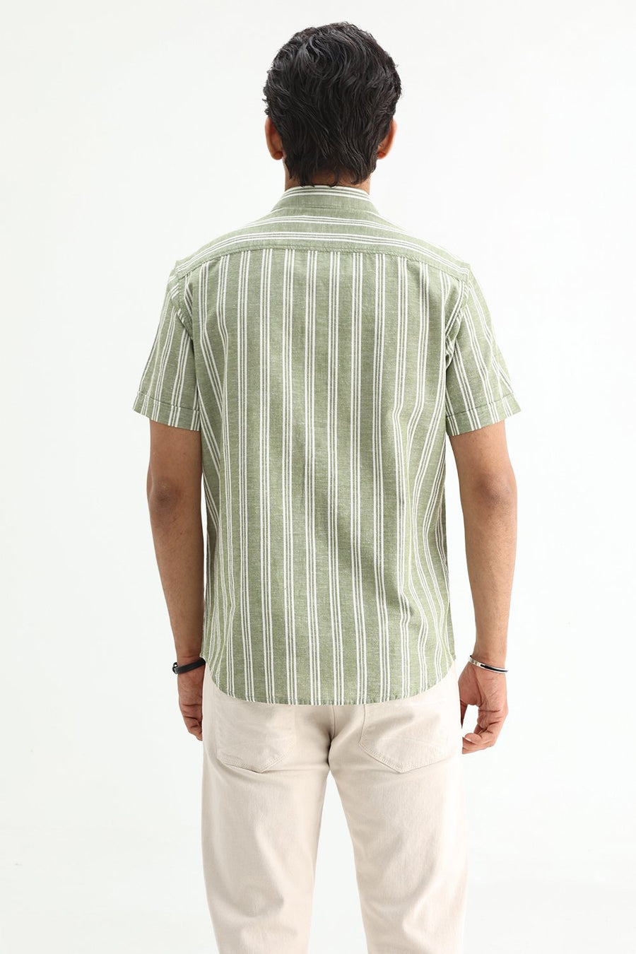 BASICS SLIM FIT SMOKE GREEN COTTON LENO DOBBY STRIPE SHIRT