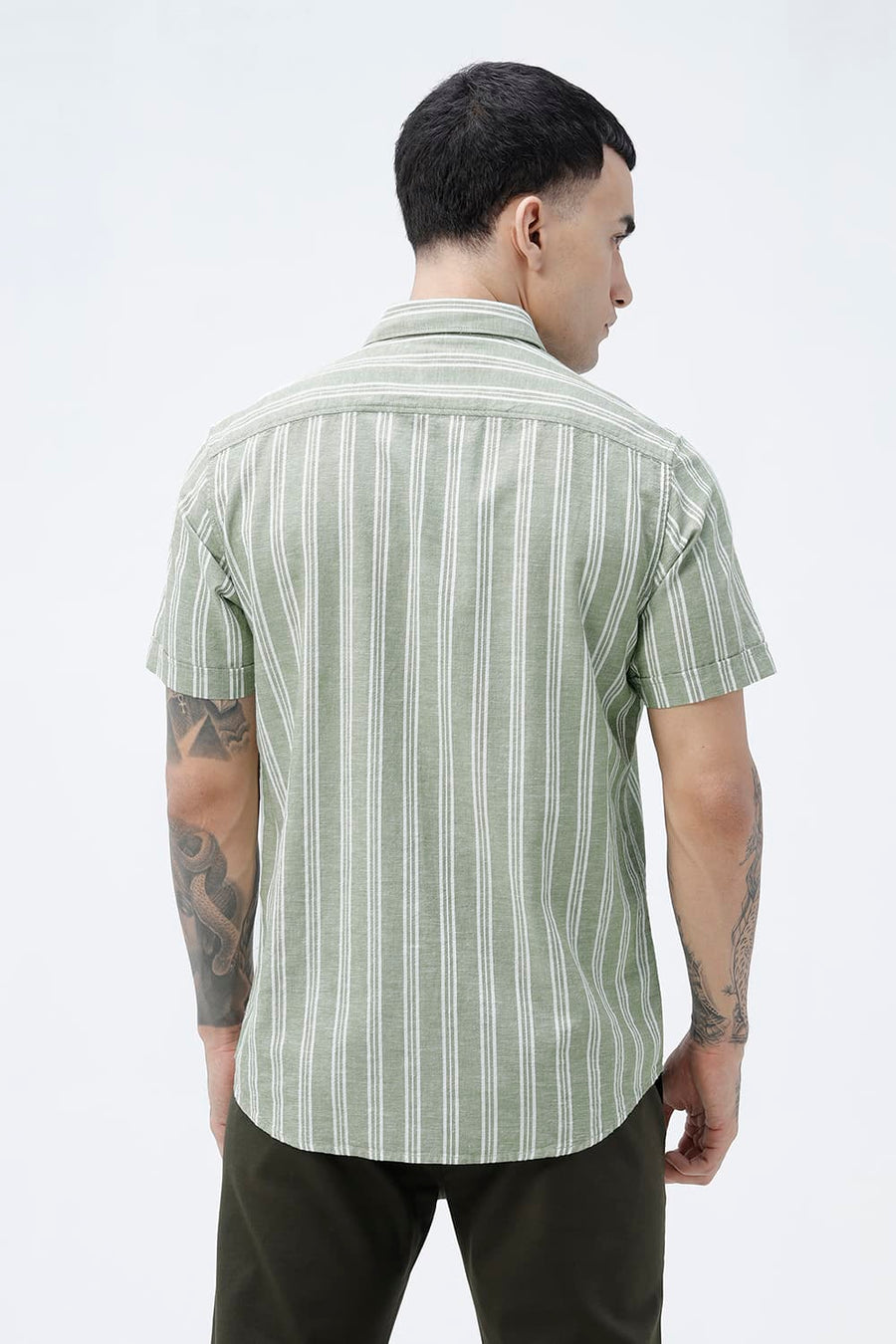 BASICS SLIM FIT SMOKE GREEN COTTON LENO DOBBY STRIPE HALFSLEEVES SHIRT