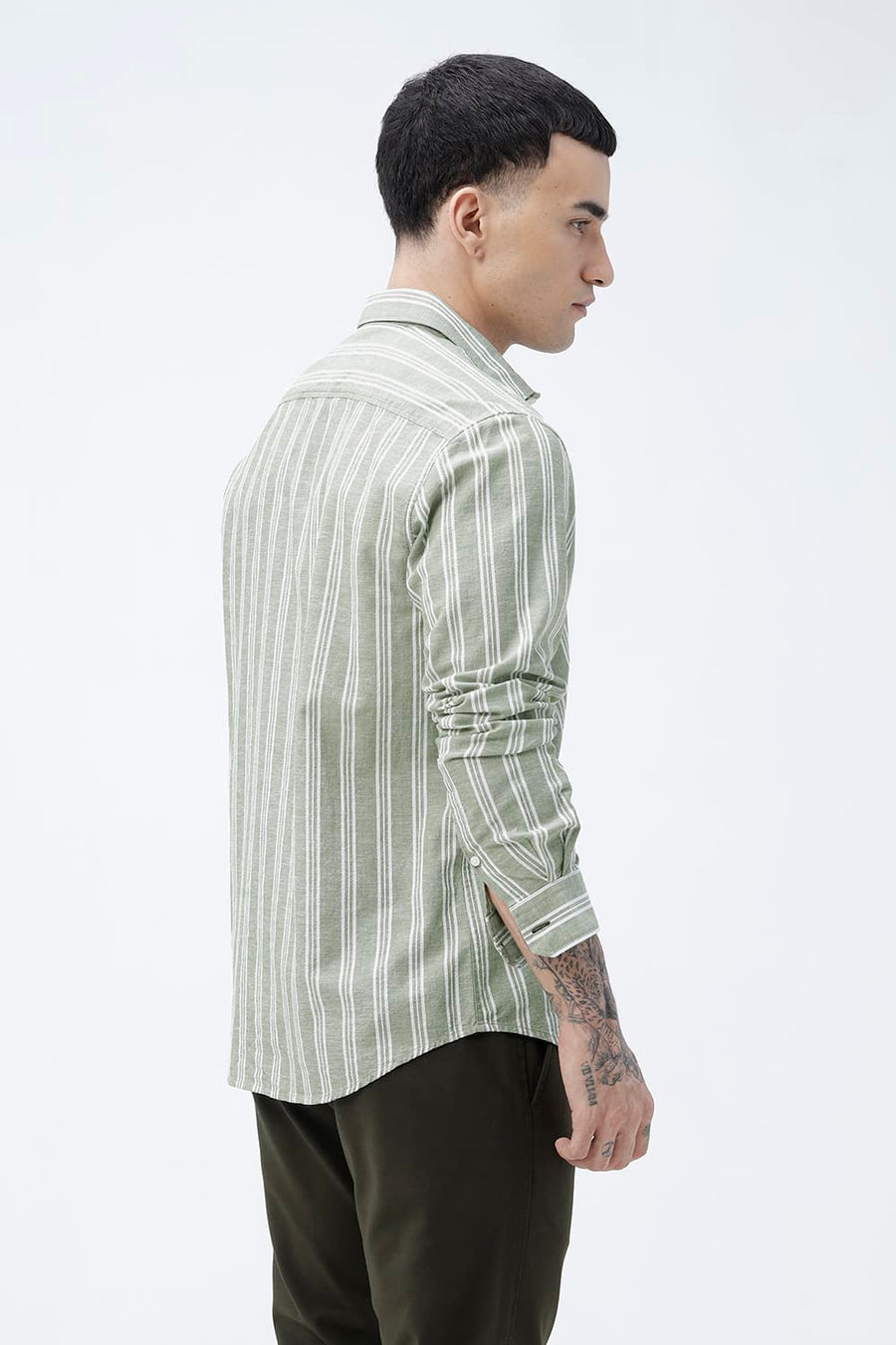 BASICS SLIM FIT SMOKE GREEN COTTON LENO DOBBY STRIPE SHIRT