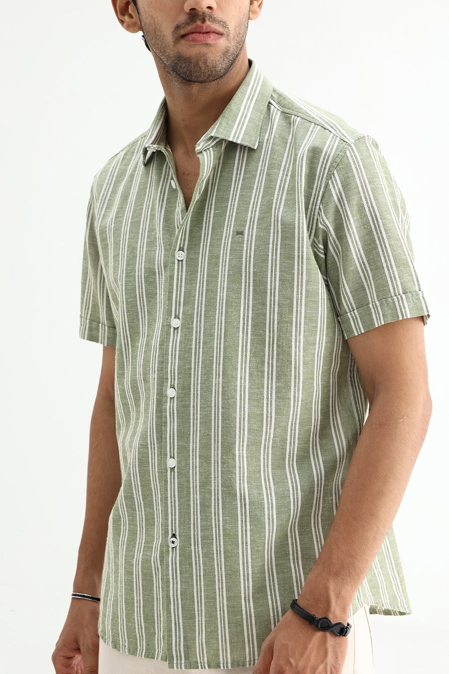 BASICS SLIM FIT SMOKE GREEN COTTON LENO DOBBY STRIPE SHIRT