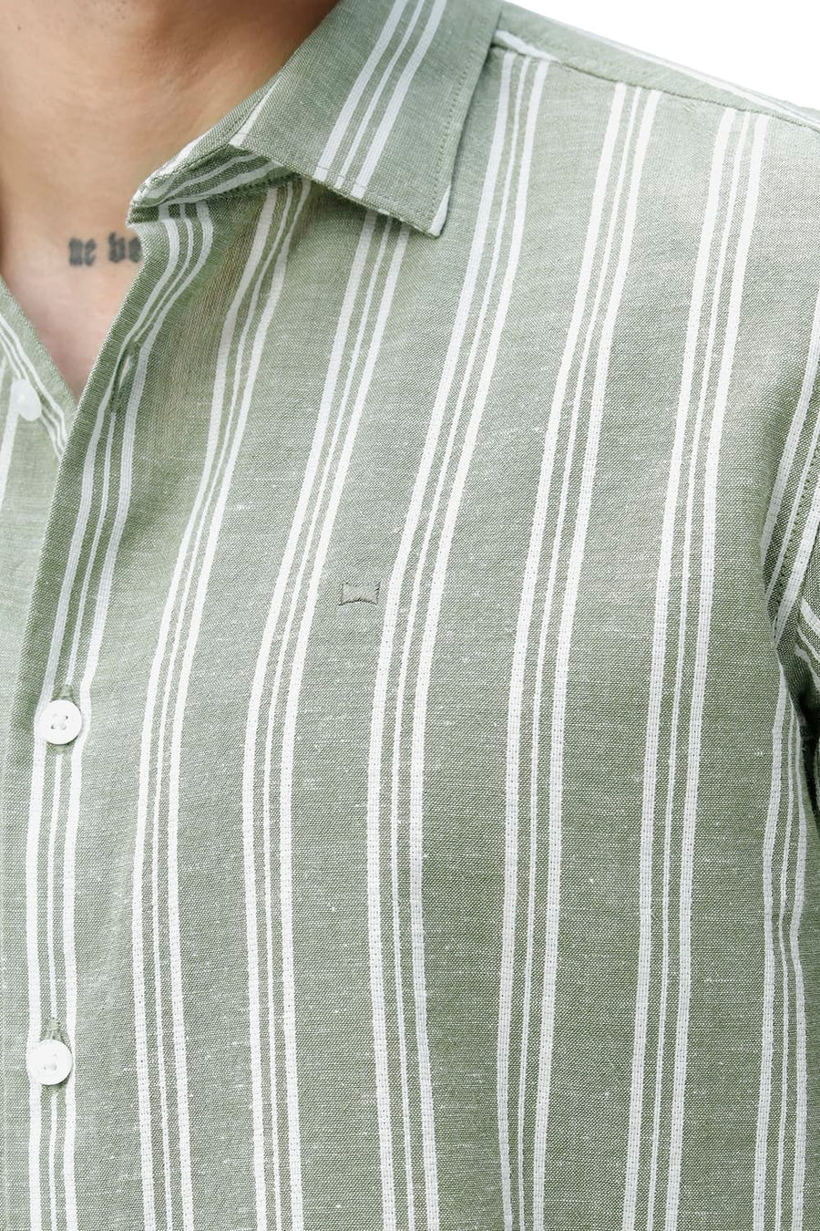 BASICS SLIM FIT SMOKE GREEN COTTON LENO DOBBY STRIPE HALFSLEEVES SHIRT