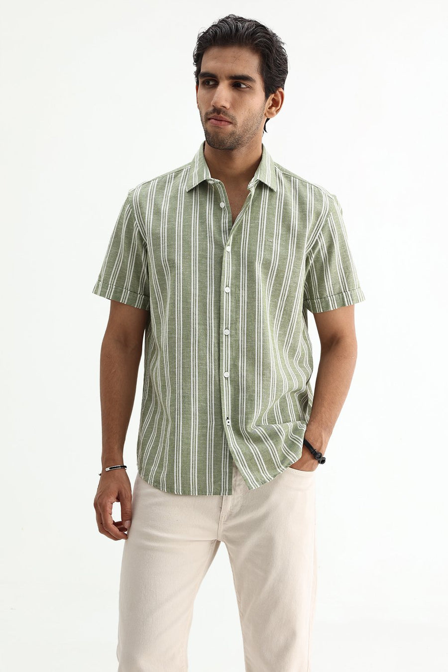 BASICS SLIM FIT SMOKE GREEN COTTON LENO DOBBY STRIPE SHIRT