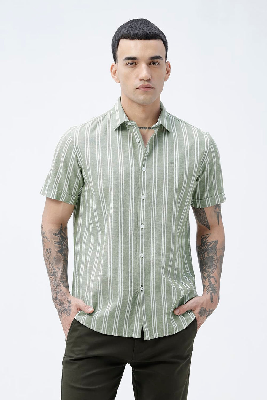 BASICS SLIM FIT SMOKE GREEN COTTON LENO DOBBY STRIPE HALFSLEEVES SHIRT