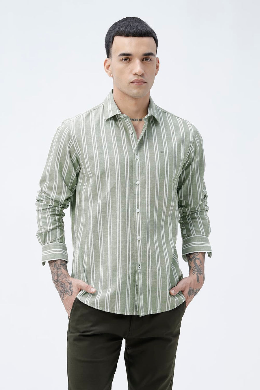 BASICS SLIM FIT SMOKE GREEN COTTON LENO DOBBY STRIPE SHIRT