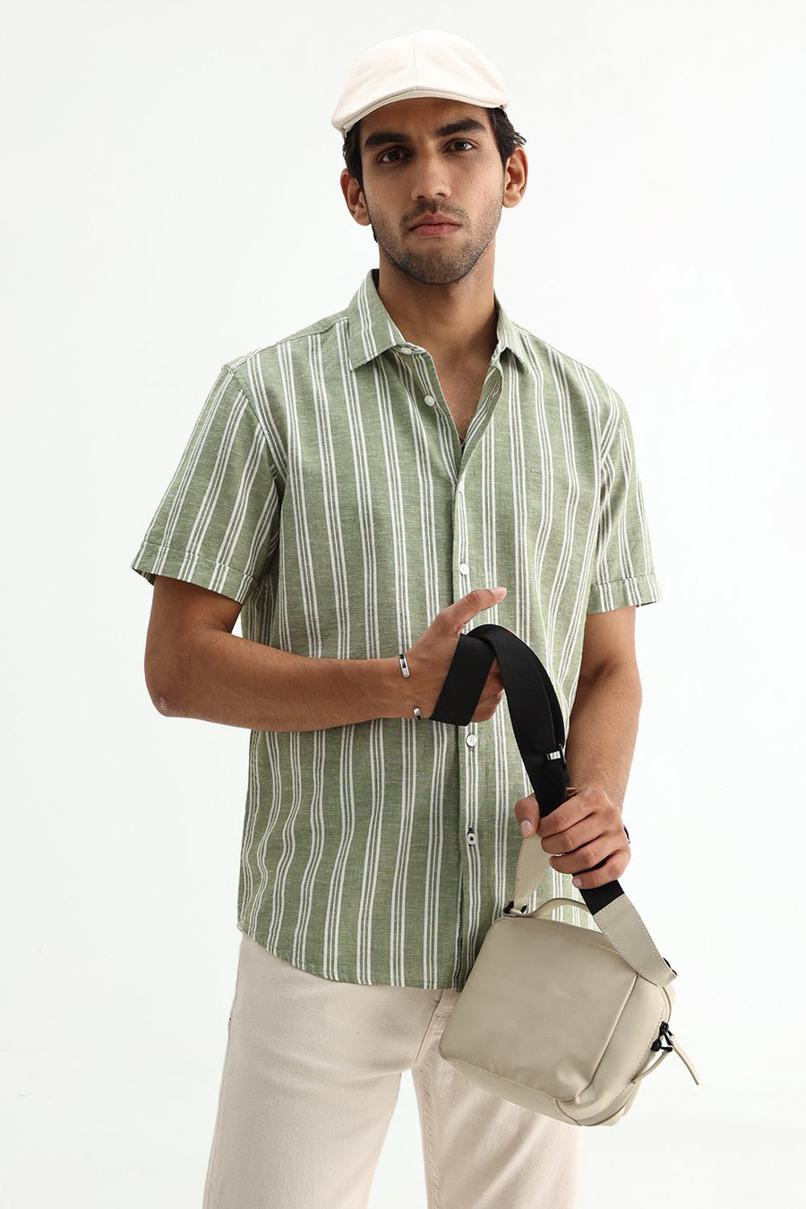 BASICS SLIM FIT SMOKE GREEN COTTON LENO DOBBY STRIPE SHIRT