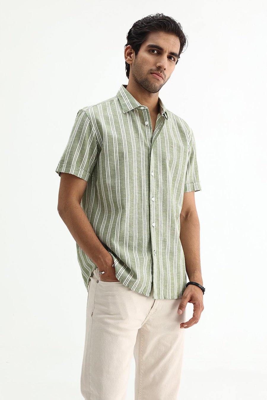 BASICS SLIM FIT SMOKE GREEN COTTON LENO DOBBY STRIPE SHIRT