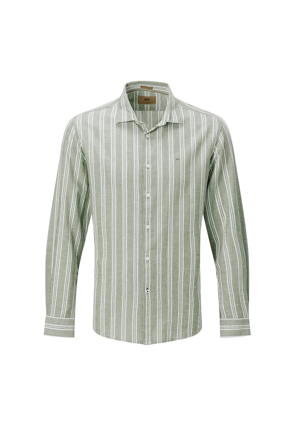 BASICS SLIM FIT SMOKE GREEN COTTON LENO DOBBY STRIPE SHIRT