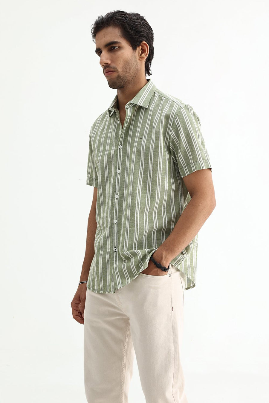BASICS SLIM FIT SMOKE GREEN COTTON LENO DOBBY STRIPE SHIRT