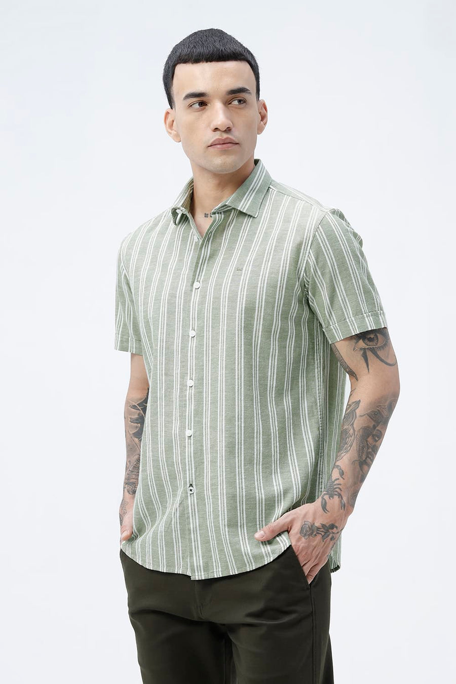 BASICS SLIM FIT SMOKE GREEN COTTON LENO DOBBY STRIPE HALFSLEEVES SHIRT