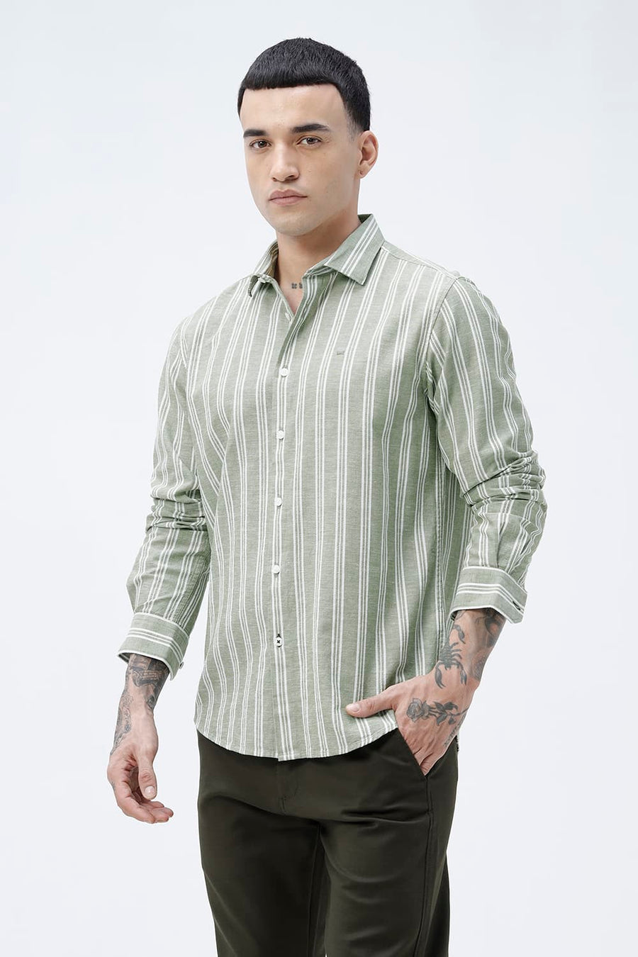BASICS SLIM FIT SMOKE GREEN COTTON LENO DOBBY STRIPE SHIRT
