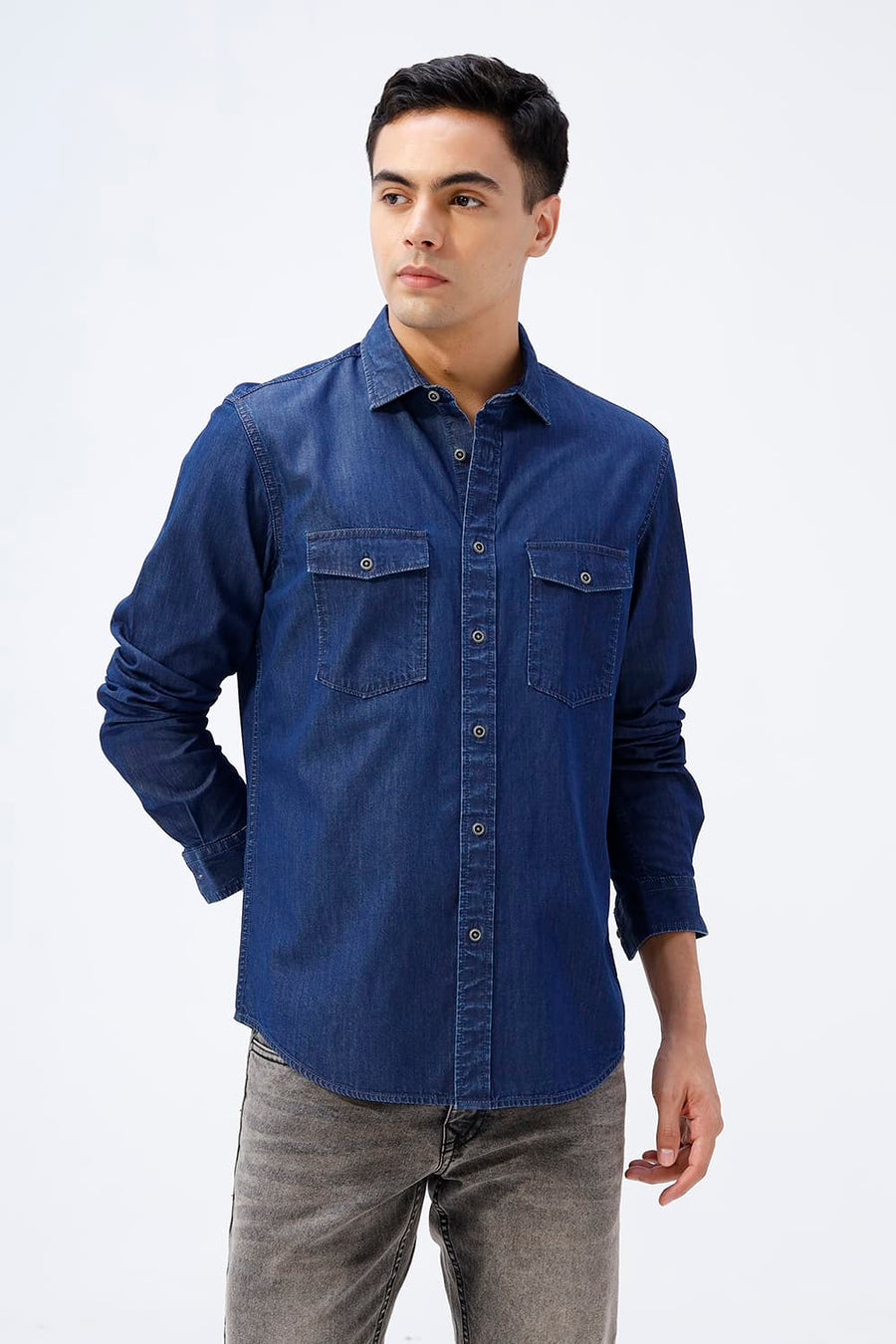 BASICS SLIM FIT CROWN BLUE COTTON INDIGO SHIRT
