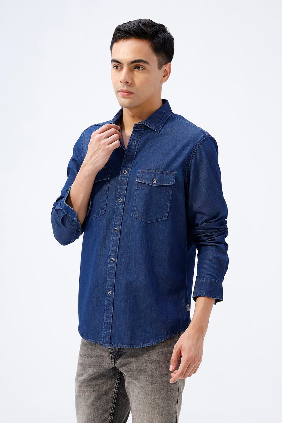 BASICS SLIM FIT CROWN BLUE COTTON INDIGO SHIRT