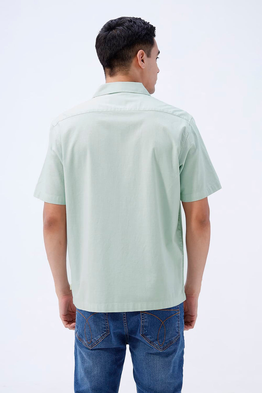 BASICS RELAXED FIT CLOUD GREEN COTTON SLUB DOBBY HALFSLEEVES SHIRT