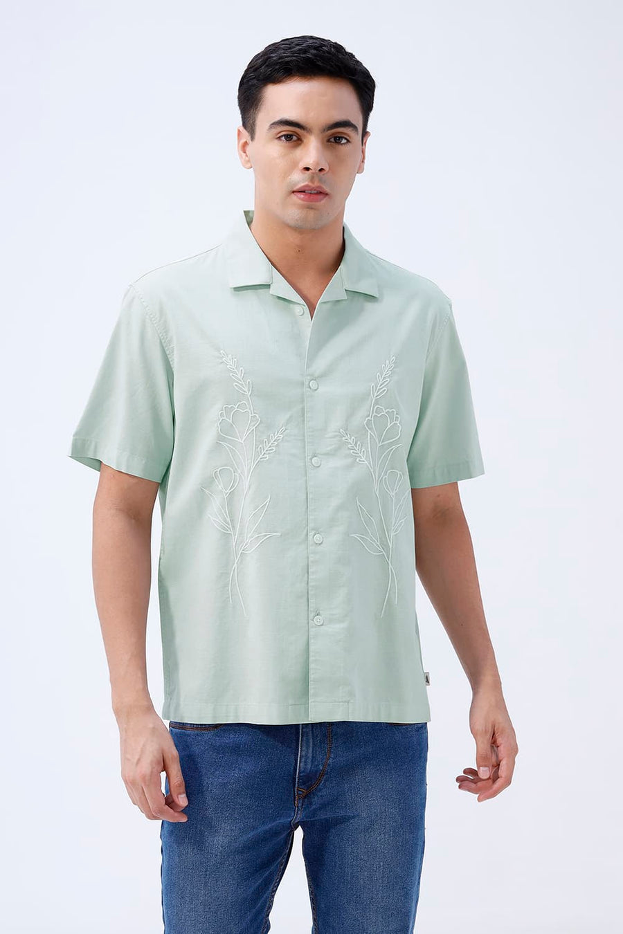 BASICS RELAXED FIT CLOUD GREEN COTTON SLUB DOBBY HALFSLEEVES SHIRT