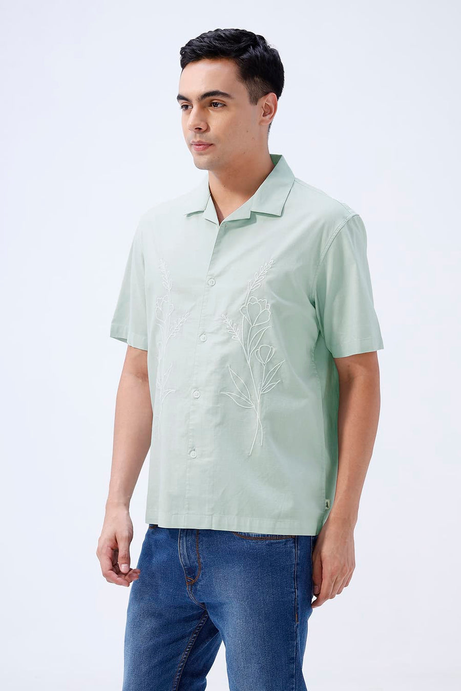 BASICS RELAXED FIT CLOUD GREEN COTTON SLUB DOBBY HALFSLEEVES SHIRT