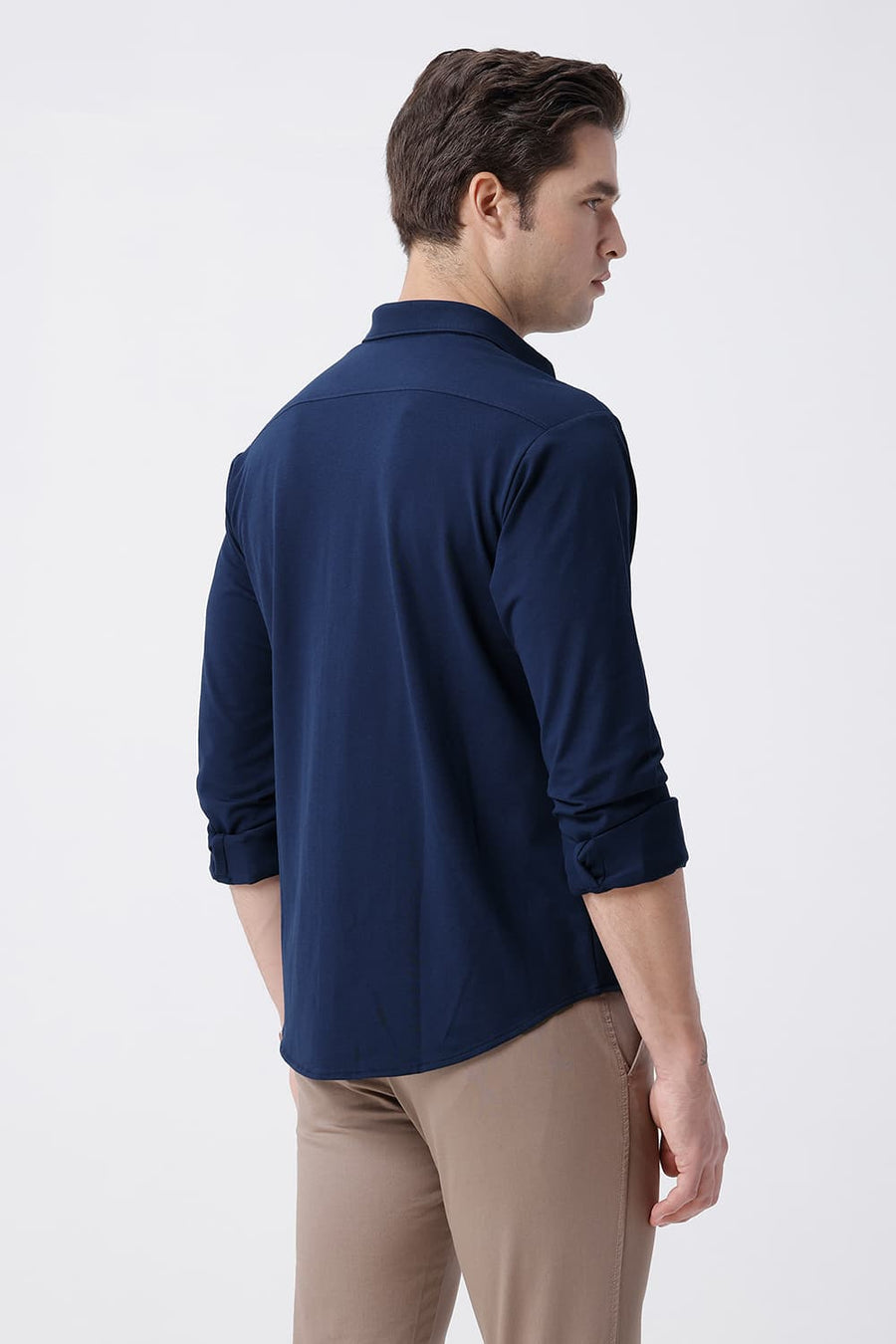BASICS SLIM FIT NAVY COTTON POLYESTER STRETCH KNIT SHIRT