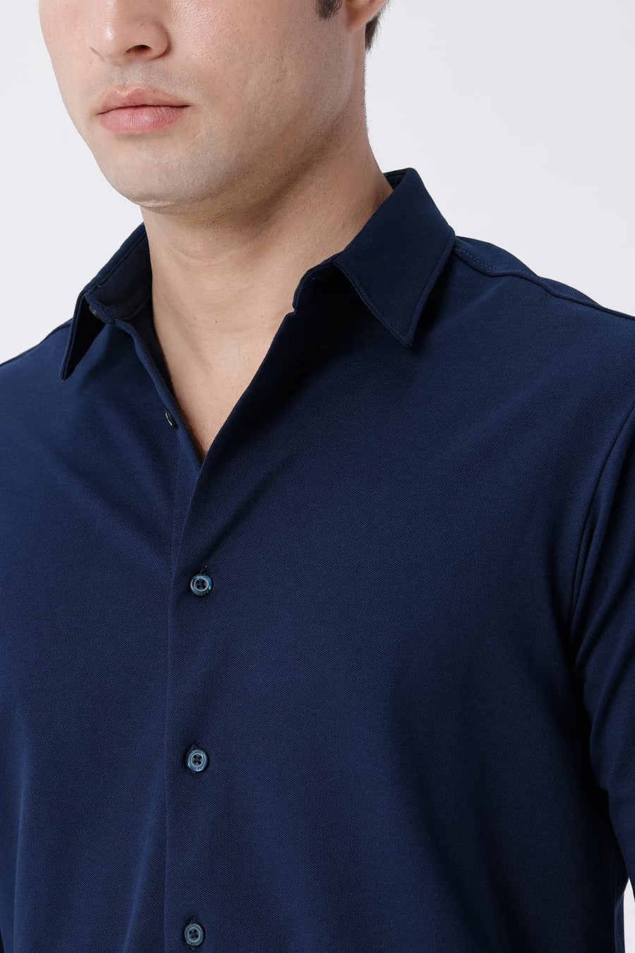 BASICS SLIM FIT NAVY COTTON POLYESTER STRETCH KNIT SHIRT
