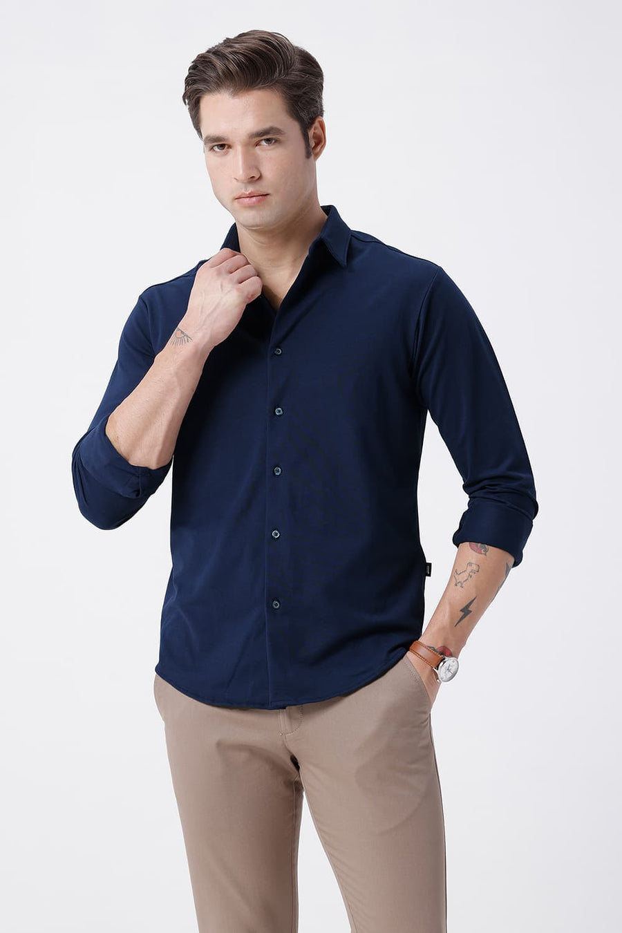 BASICS SLIM FIT NAVY COTTON POLYESTER STRETCH KNIT SHIRT