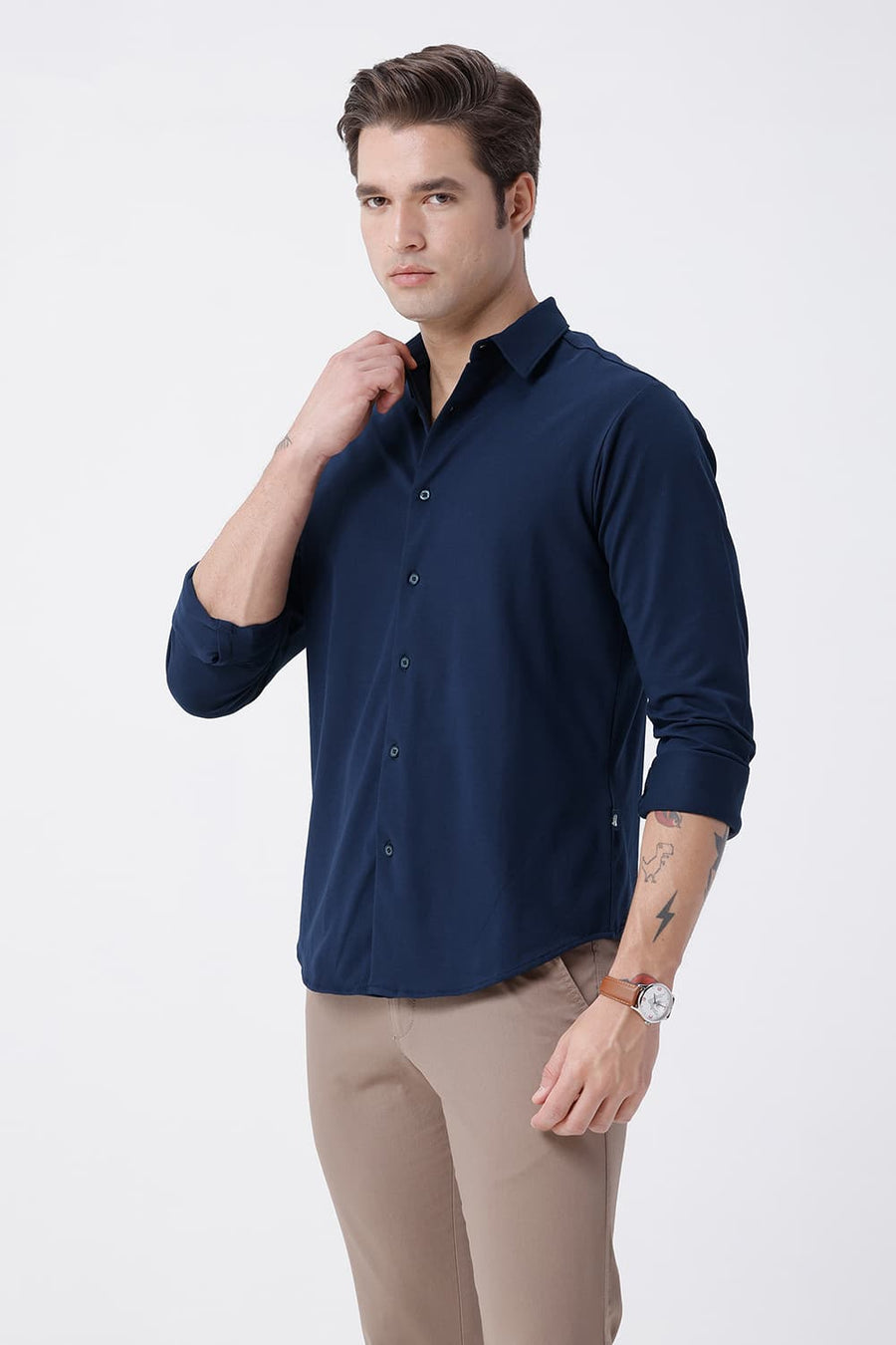 BASICS SLIM FIT NAVY COTTON POLYESTER STRETCH KNIT SHIRT