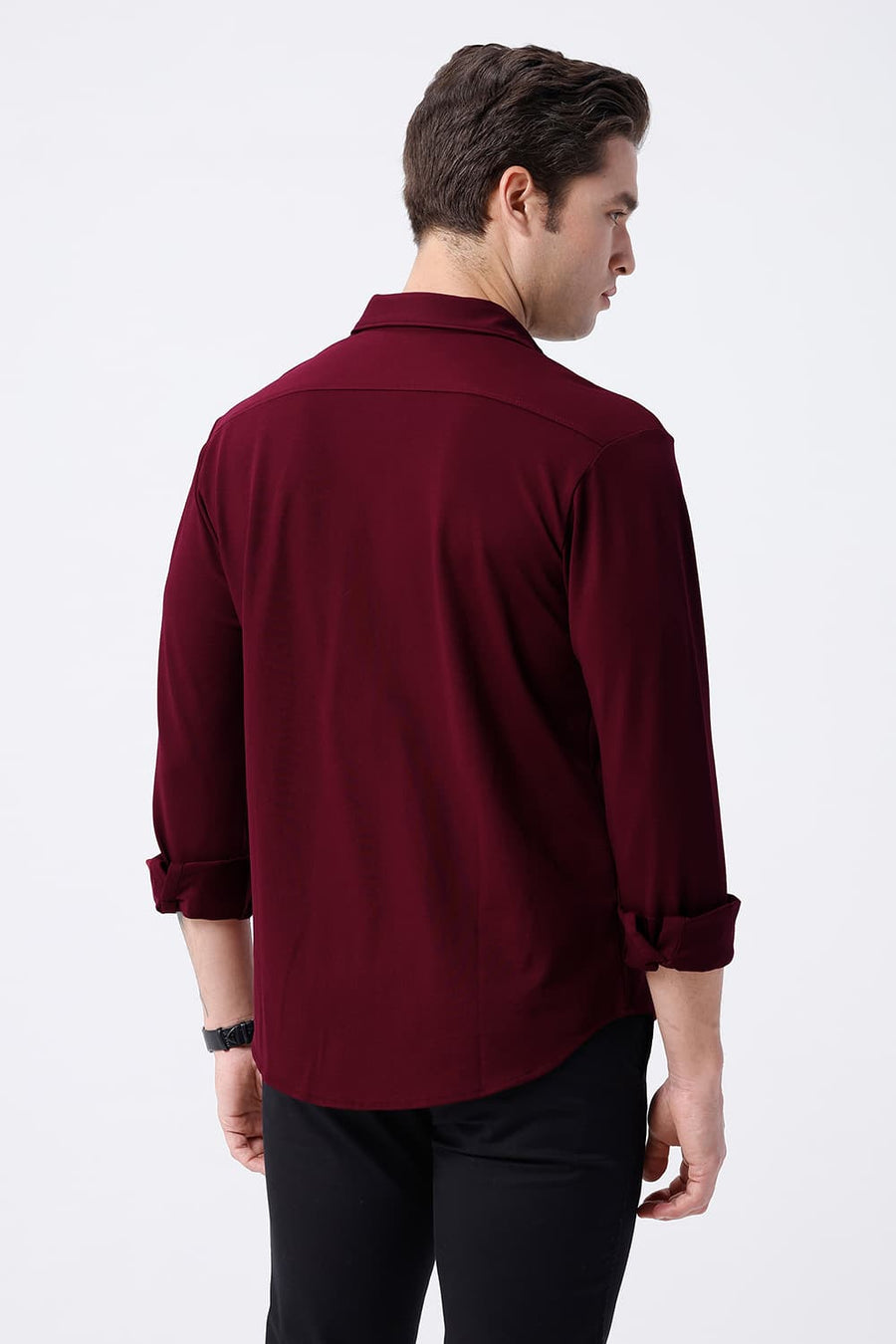 BASICS SLIM FIT WINE COTTON POLYESTER STRETCH KNIT SHIRT