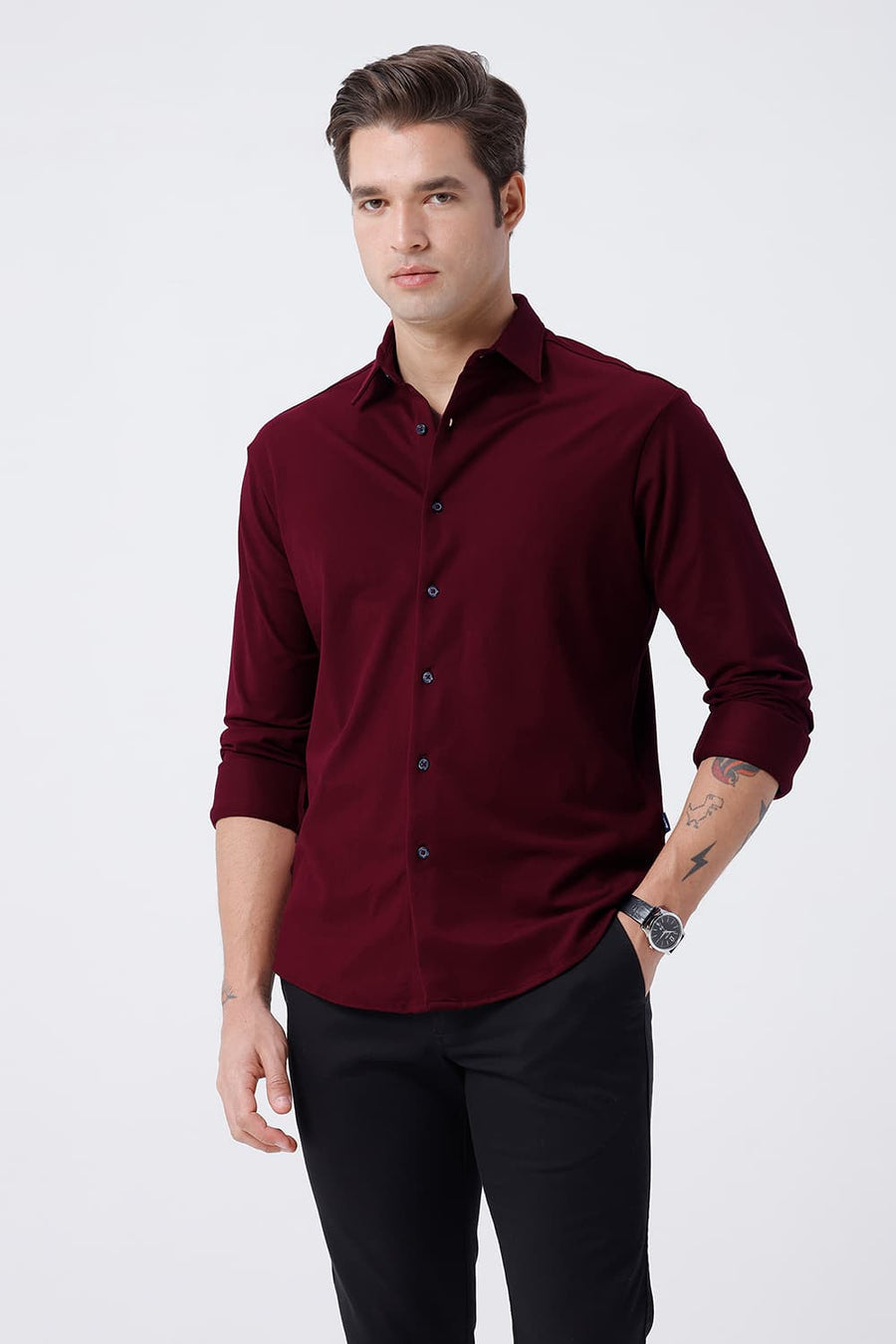 BASICS SLIM FIT WINE COTTON POLYESTER STRETCH KNIT SHIRT