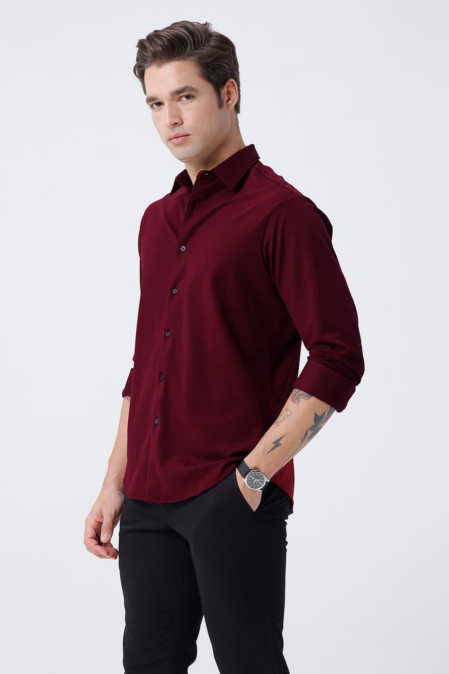 BASICS SLIM FIT WINE COTTON POLYESTER STRETCH KNIT SHIRT