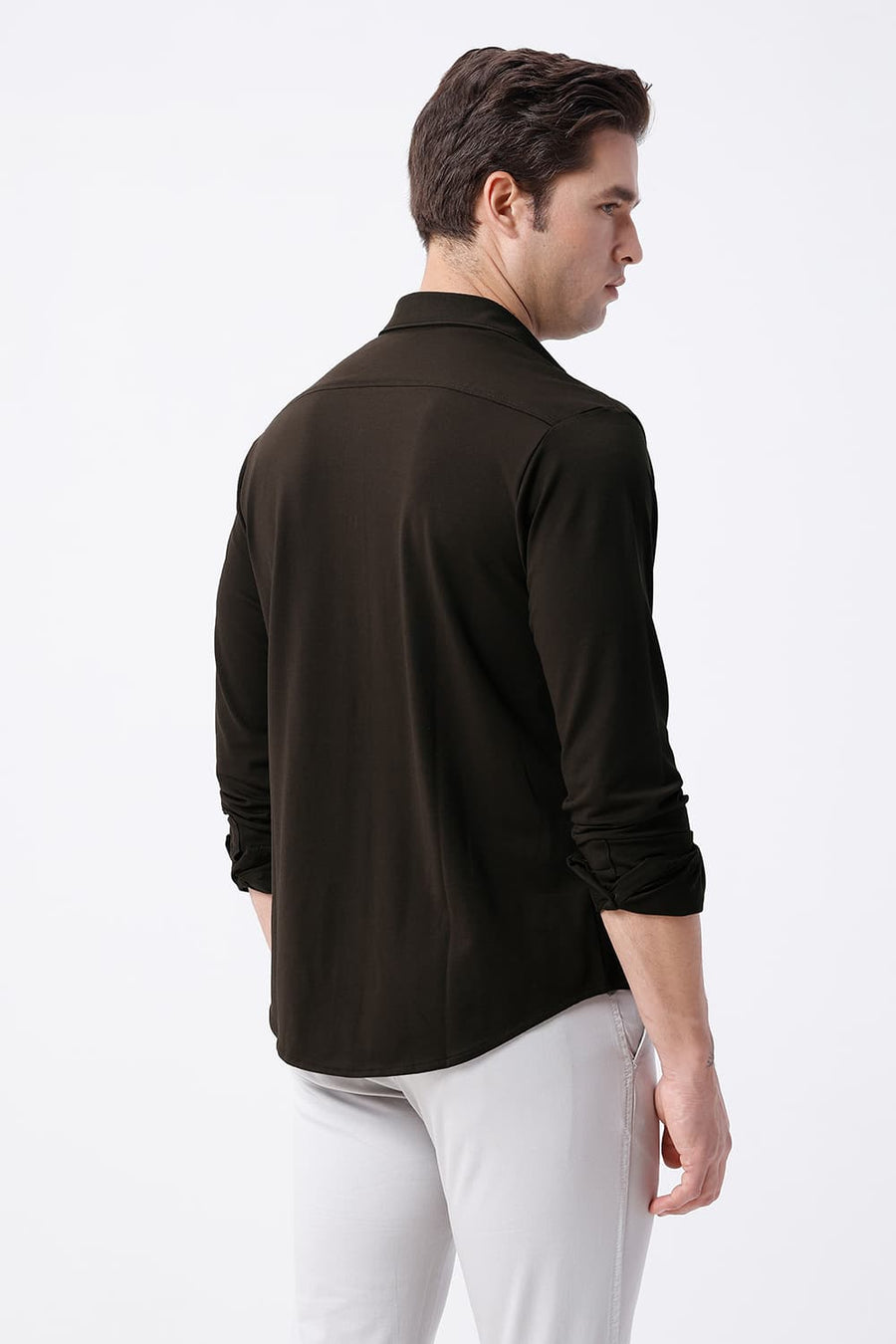 BASICS SLIM FIT BROWN COTTON POLYESTER STRETCH KNIT SHIRT