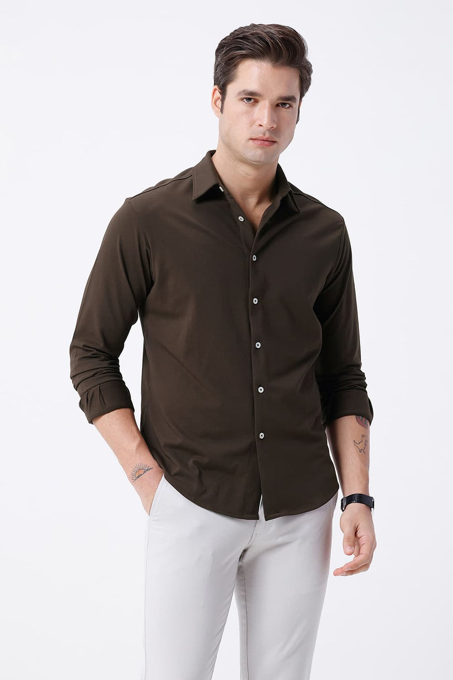 BASICS SLIM FIT BROWN COTTON POLYESTER STRETCH KNIT SHIRT