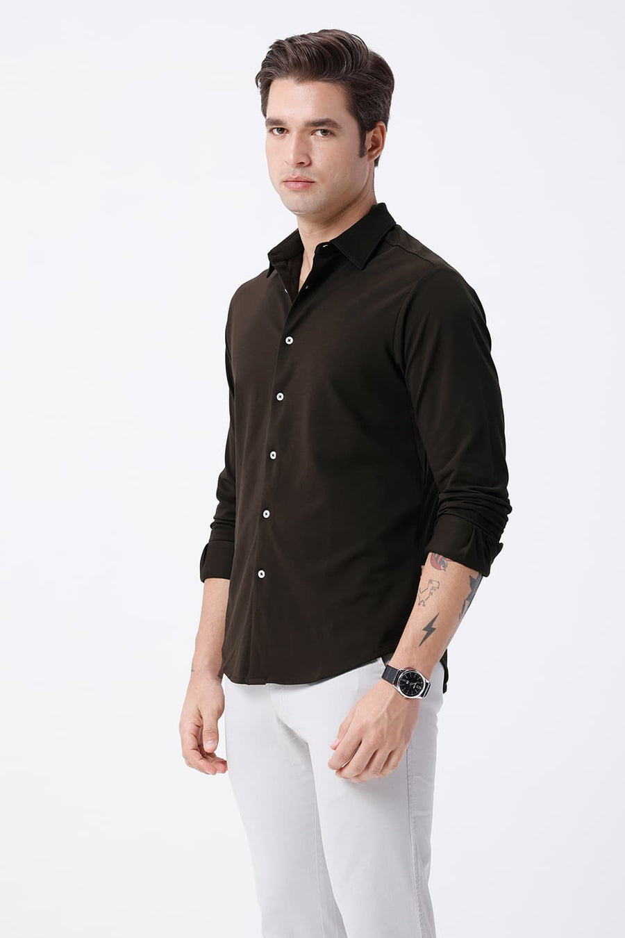 BASICS SLIM FIT BROWN COTTON POLYESTER STRETCH KNIT SHIRT