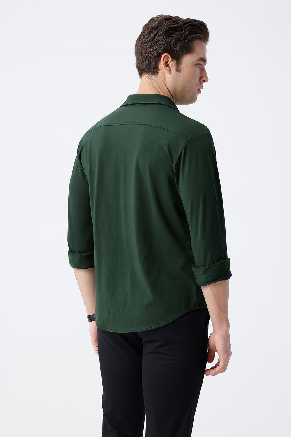 BASICS SLIM FIT OLIVE COTTON POLYESTER STRETCH KNIT SHIRT