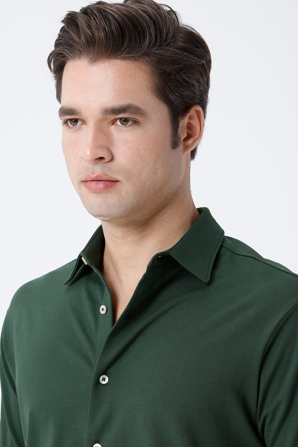 BASICS SLIM FIT OLIVE COTTON POLYESTER STRETCH KNIT SHIRT