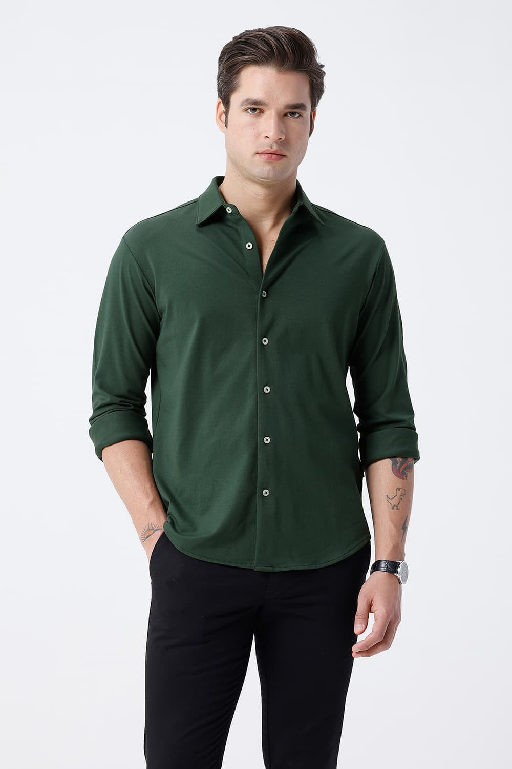 BASICS SLIM FIT OLIVE COTTON POLYESTER STRETCH KNIT SHIRT