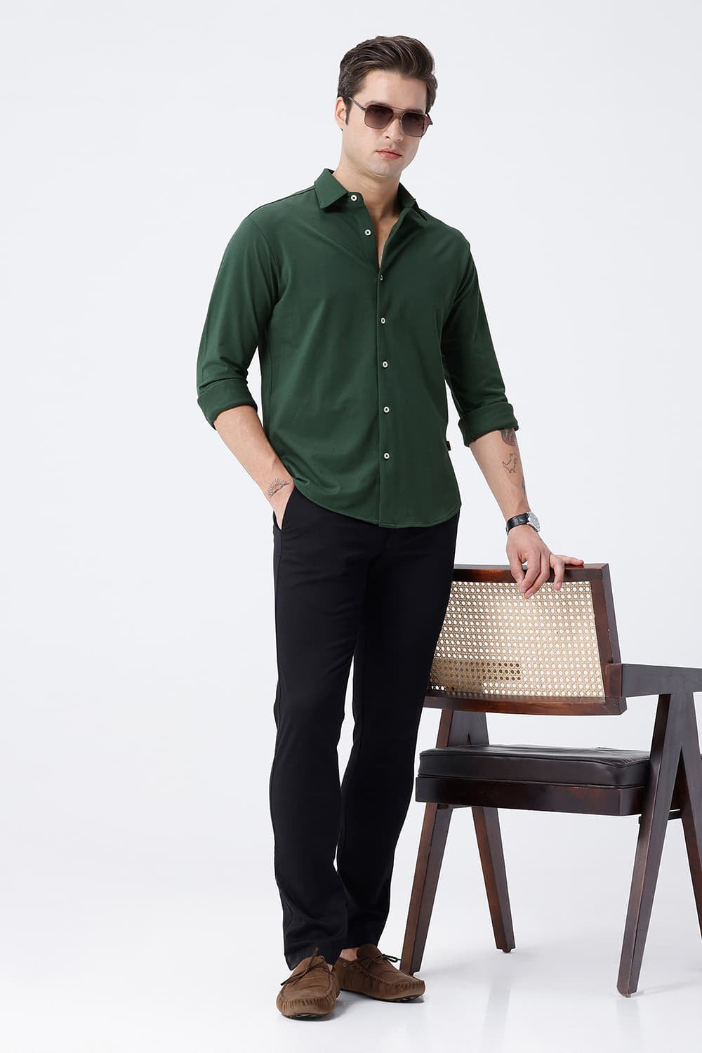 BASICS SLIM FIT OLIVE COTTON POLYESTER STRETCH KNIT SHIRT