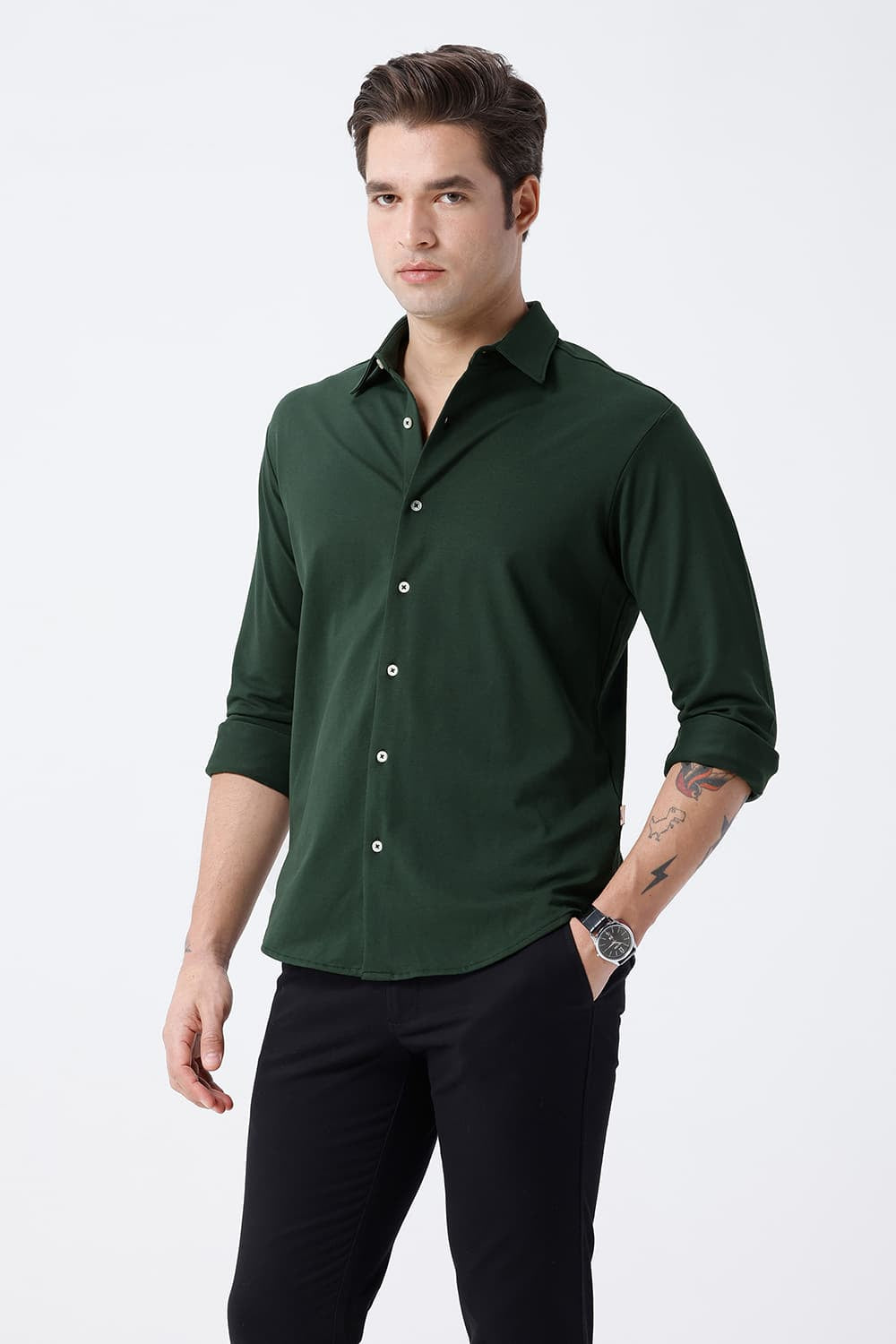 BASICS SLIM FIT OLIVE COTTON POLYESTER STRETCH KNIT SHIRT