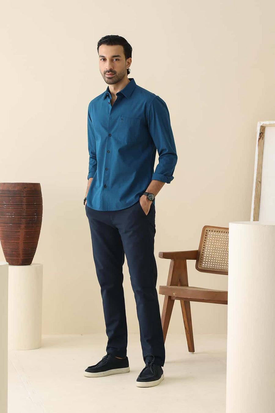 Basics Slim Fit Turquoise Blue Cotton Fil-A-Fil Shirt