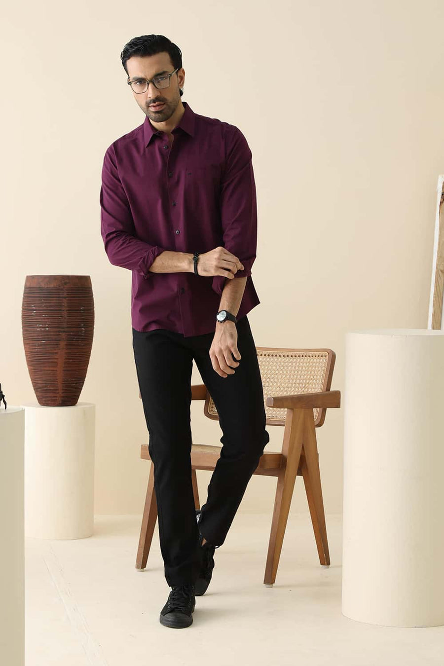 Basics Slim Fit Plum Purple Cotton Fil-A-Fil Shirt