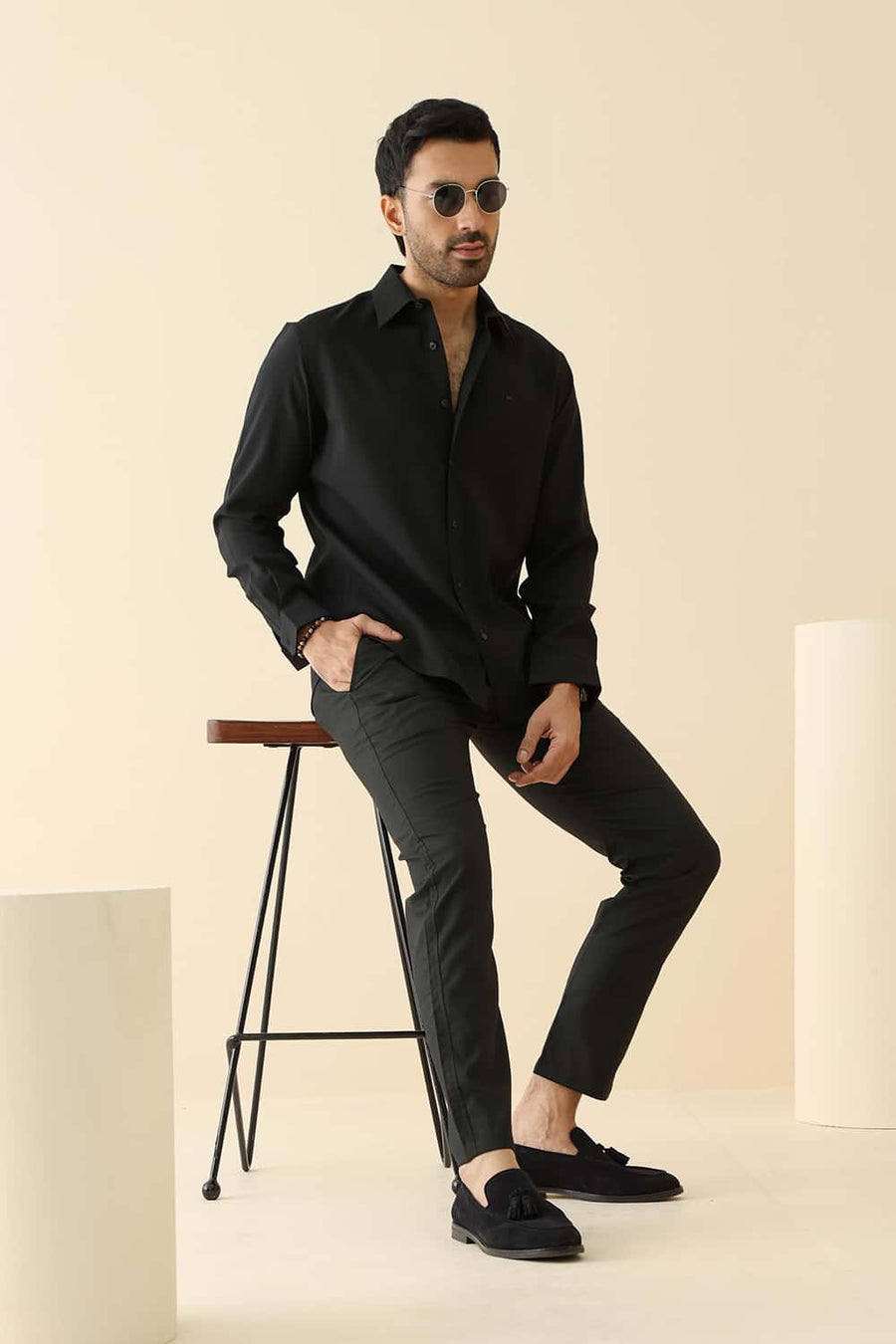 Basics Slim Fit Anthracite Black Tencel Poly Stretch Shirt
