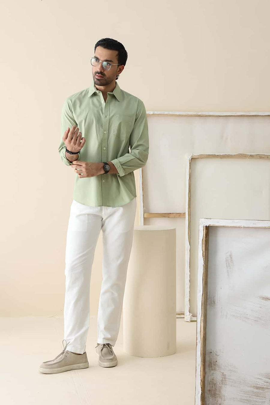 Basics Slim Fit Reseda Green Cotton Oxford Shirt