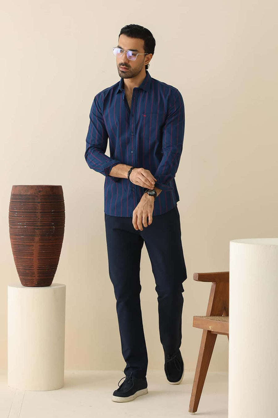 Basics Slim Fit Navy Blue Cotton Stripe Shirt