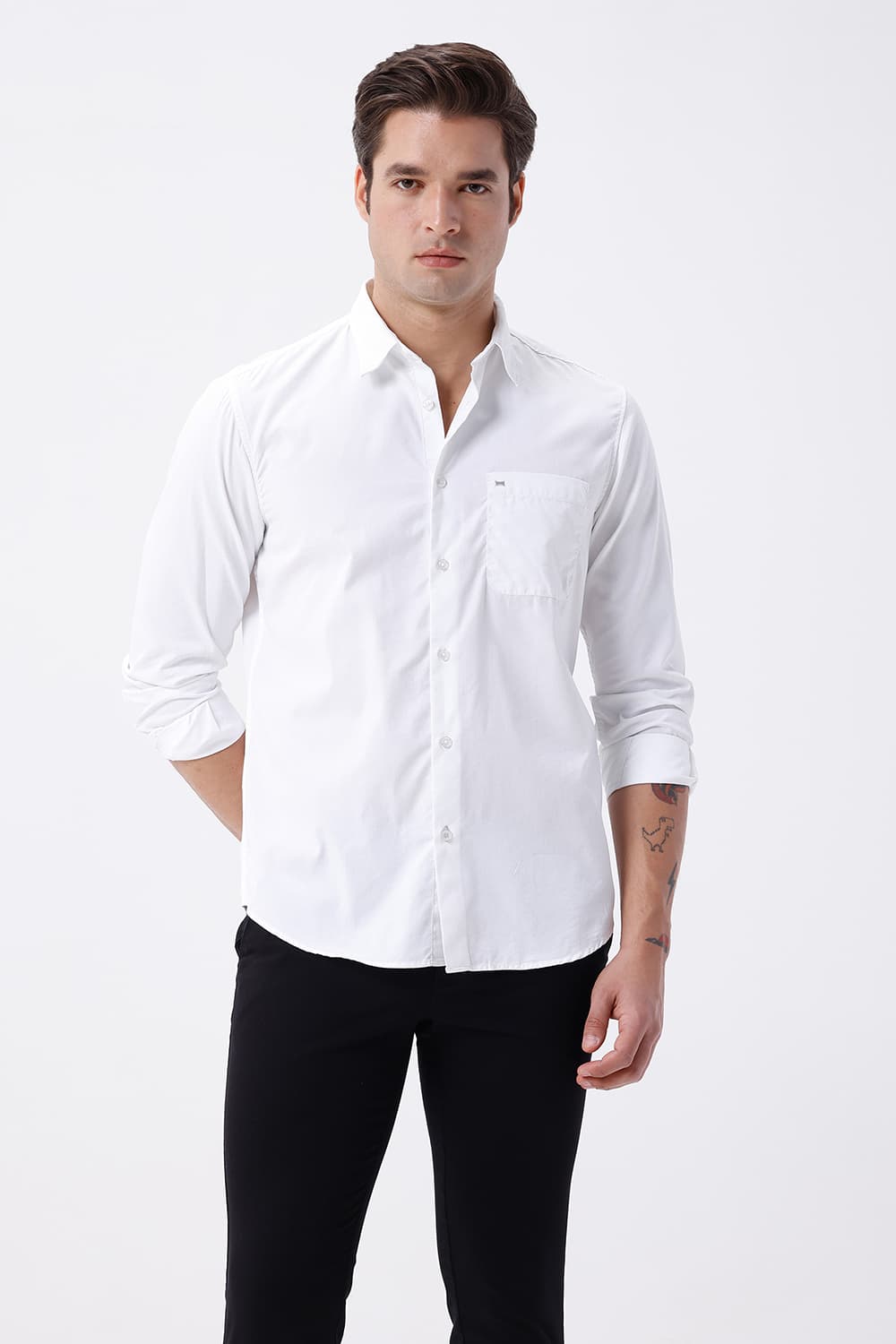 BASICS SLIM FIT LUCENT WHITE COTTON POLYESTER CAVALRY TWILL SHIRT