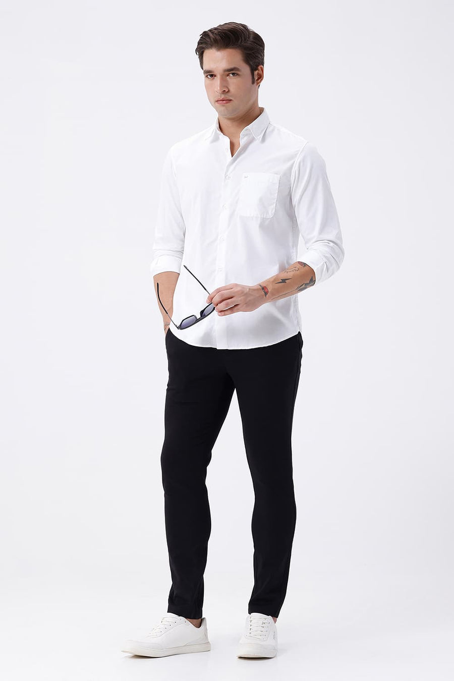 BASICS SLIM FIT LUCENT WHITE COTTON POLYESTER CAVALRY TWILL SHIRT