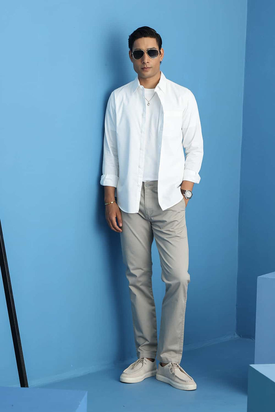 Basics Slim Fit Lucent White Cotton Polyester Cavalry Twill Shirt